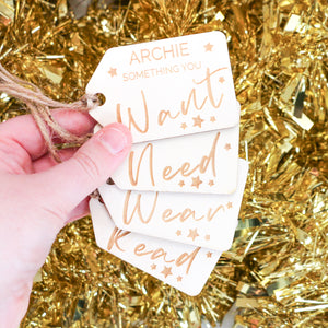 Want, Need, Wear, Read Gift tags