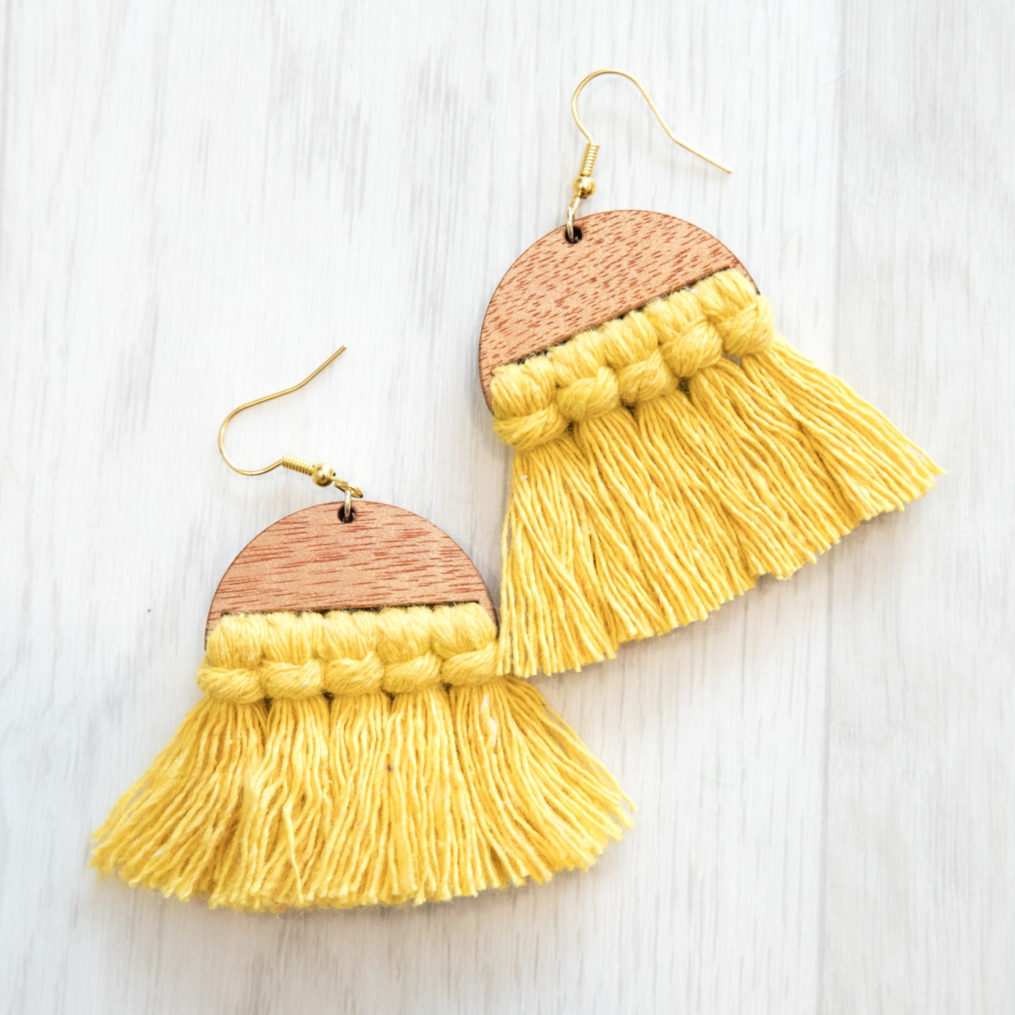 Macram Wooden Tassel Earrings Halfmoon Uniquely You NZ